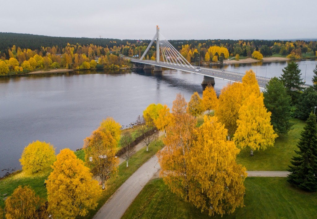 Autumn colours around the river and candle bridge of Rovaniemi