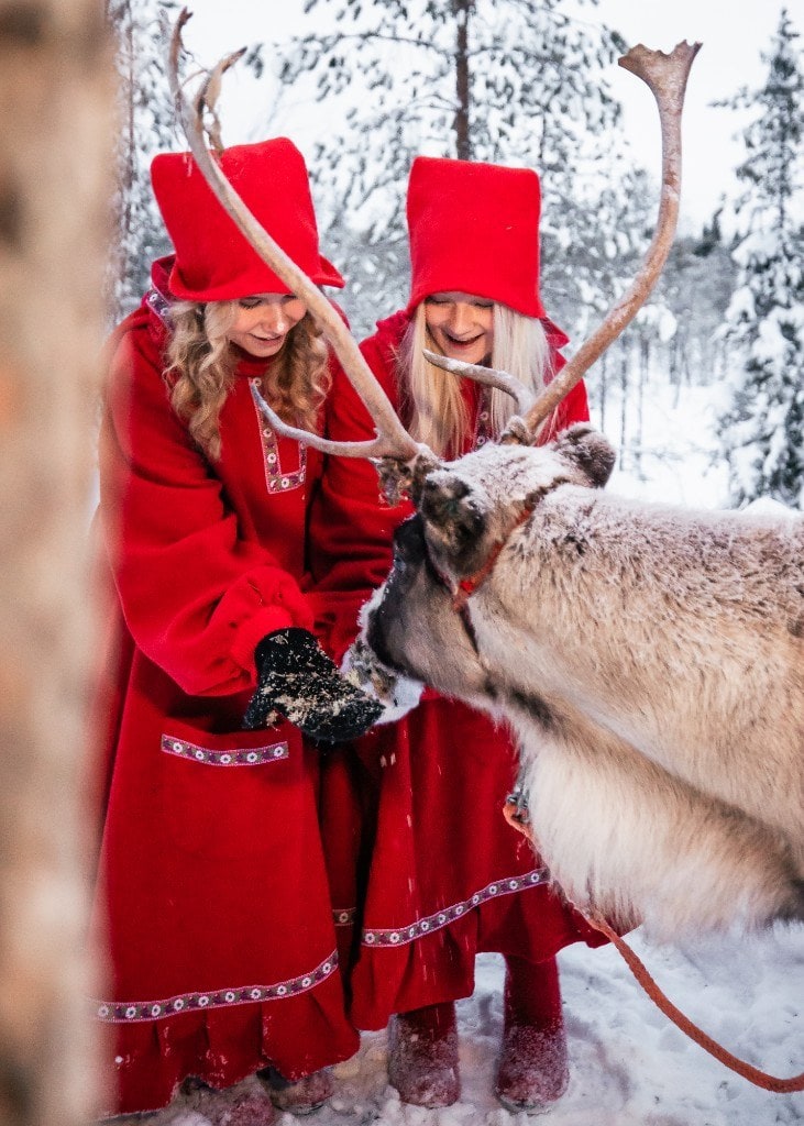 Elves feeding reindeer in the snowy forest